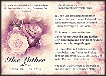Traueranzeige von Ilse Luther von Südthüringer Presse
