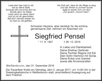 Traueranzeige von Siegfried Pensel von Neue Presse Coburg