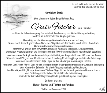 Traueranzeige von Grete Fischer von Südthüringer Presse