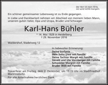 Traueranzeige von Karl-Hans Bühler von Frankenpost