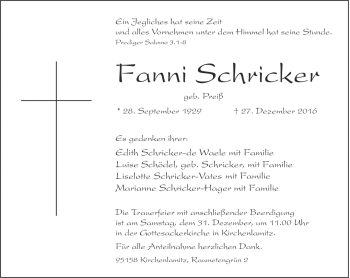 Traueranzeige von Fanni Schricker von Frankenpost