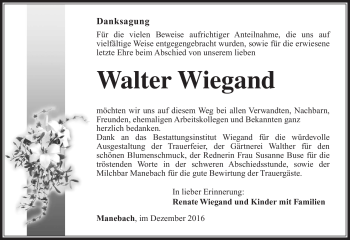 Traueranzeige von Walter Wiegand von Südthüringer Presse
