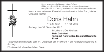 Traueranzeige von Doris Hahn von Frankenpost