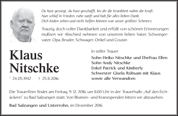 Traueranzeige von Klaus Nitschke von Südthüringer Presse