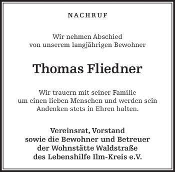 Traueranzeige von Thomas Fiedner von Südthüringer Presse