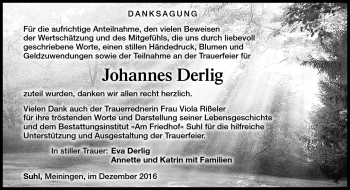 Traueranzeige von Johannes Derlig von Südthüringer Presse