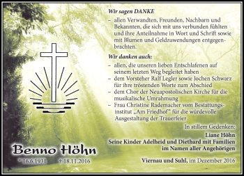 Traueranzeige von Benno Höhn von Südthüringer Presse