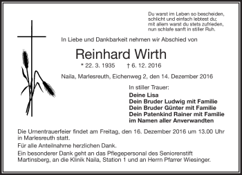 Traueranzeige von Reinhard Wirth von Frankenpost