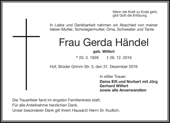 Traueranzeige von Gerda Händel von Frankenpost