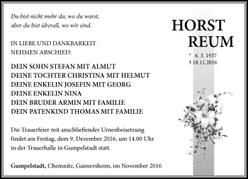 Traueranzeige von Horst Reum von Südthüringer Presse