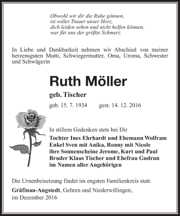 Traueranzeige von Ruth Möller von Südthüringer Presse