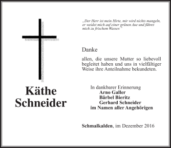 Traueranzeige von Käthe Schneider von Südthüringer Presse