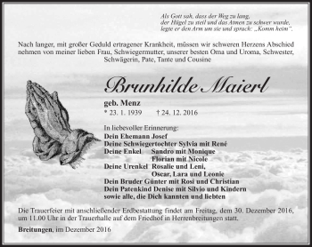 Traueranzeige von Brunhilde Maierl von Südthüringer Presse