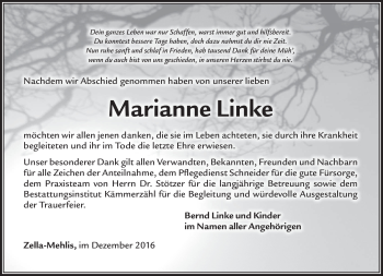 Traueranzeige von Marianne Linke von Südthüringer Presse