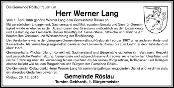 Traueranzeige von Werner Lang von Frankenpost