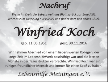 Traueranzeige von Winfried Koch von Südthüringer Presse