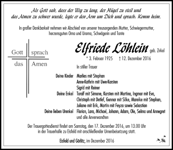Traueranzeige von Elfriede Löhlein von Südthüringer Presse