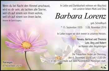 Traueranzeige von Barbara Lorenz von Südthüringer Presse