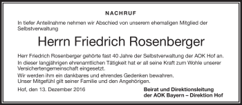 Traueranzeige von Friedrich Rosenberger von Frankenpost