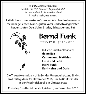 Traueranzeige von Bernd Funk von Südthüringer Presse