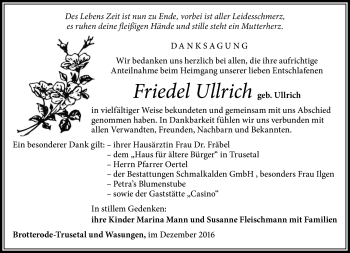 Traueranzeige von Friedel Ullrich von Südthüringer Presse