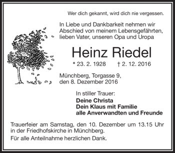 Traueranzeige von Heinz Riedel von Frankenpost