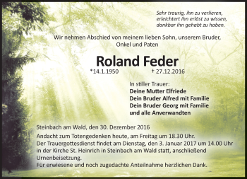 Traueranzeige von Roland Feder von Neue Presse Coburg