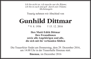 Traueranzeige von Gunhild Dittmar von Südthüringer Presse