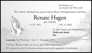 Traueranzeige von Renate Hagen von Neue Presse Coburg