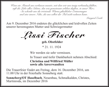 Traueranzeige von Lissi Fischer von Südthüringer Presse