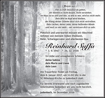Traueranzeige von Reinhard Suffa von Südthüringer Presse