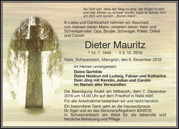 Traueranzeige von Dieter Mauritz von Frankenpost