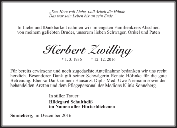 Traueranzeige von Herbert Zwilling von Südthüringer Presse