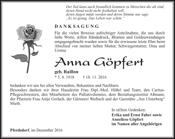 Traueranzeige von Anna Göpfert von Südthüringer Presse