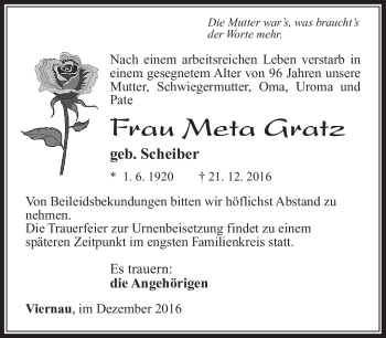 Traueranzeige von Meta Gratz von Südthüringer Presse