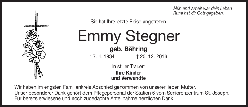  Traueranzeige für Emmy Stegner vom 31.12.2016 aus Neue Presse Coburg