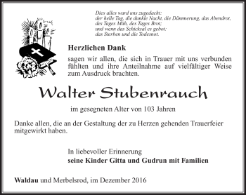 Traueranzeige von Walter Stubenrauch von Südthüringer Presse