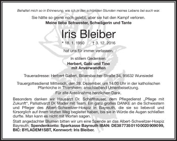 Traueranzeige von Iris Bleiber von Frankenpost