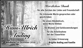 Traueranzeige von Hans-Ulrich Anding von Südthüringer Presse