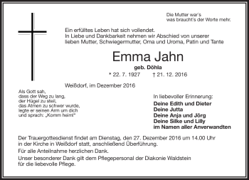Traueranzeige von Emma Jahn von Frankenpost