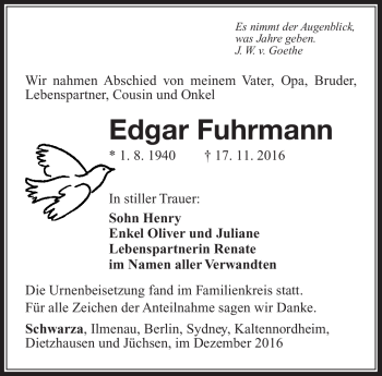Traueranzeige von Edgar Fuhrmann von Südthüringer Presse