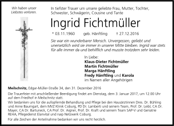 Traueranzeige von Ingrid Fichtmüller von Neue Presse Coburg
