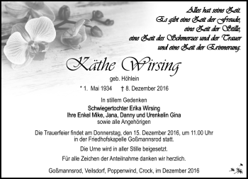 Traueranzeige von Käthe Wirsing von Südthüringer Presse