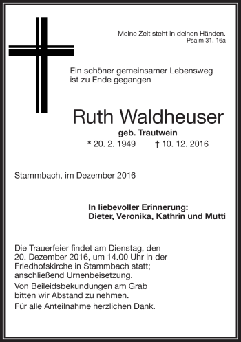 Traueranzeige von Ruth Waldheuser von Frankenpost