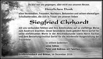 Traueranzeige von Siegfried Ehrhardt von Südthüringer Presse