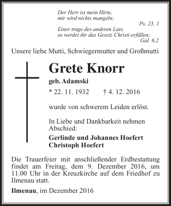 Traueranzeige von Grete Knorr von Südthüringer Presse