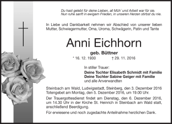 Traueranzeige von Anni Eichhorn von Neue Presse Coburg
