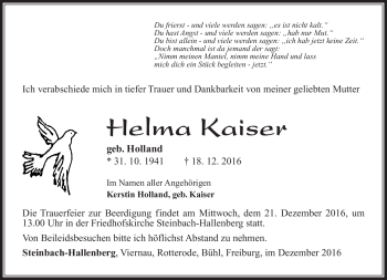 Traueranzeige von Helma Kaiser von Südthüringer Presse