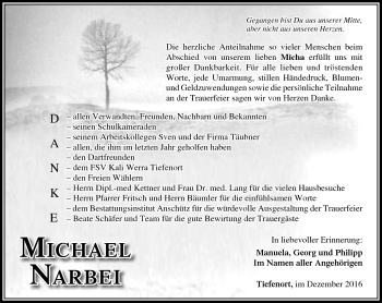 Traueranzeige von Michael Narbei von Südthüringer Presse