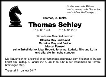 Traueranzeige von Thomas Schley von Südthüringer Presse